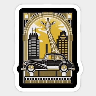 A sophisticated giraffe elegantly navigating a cityscape in a luxury sedan Sticker